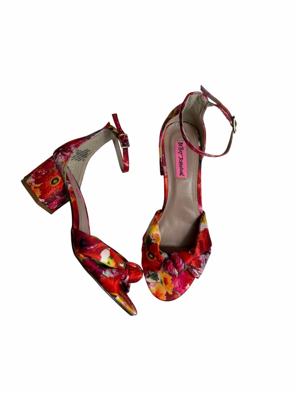 Betsey Johnson IVEE pink floral satin twist knot block heel sandals size 6.5